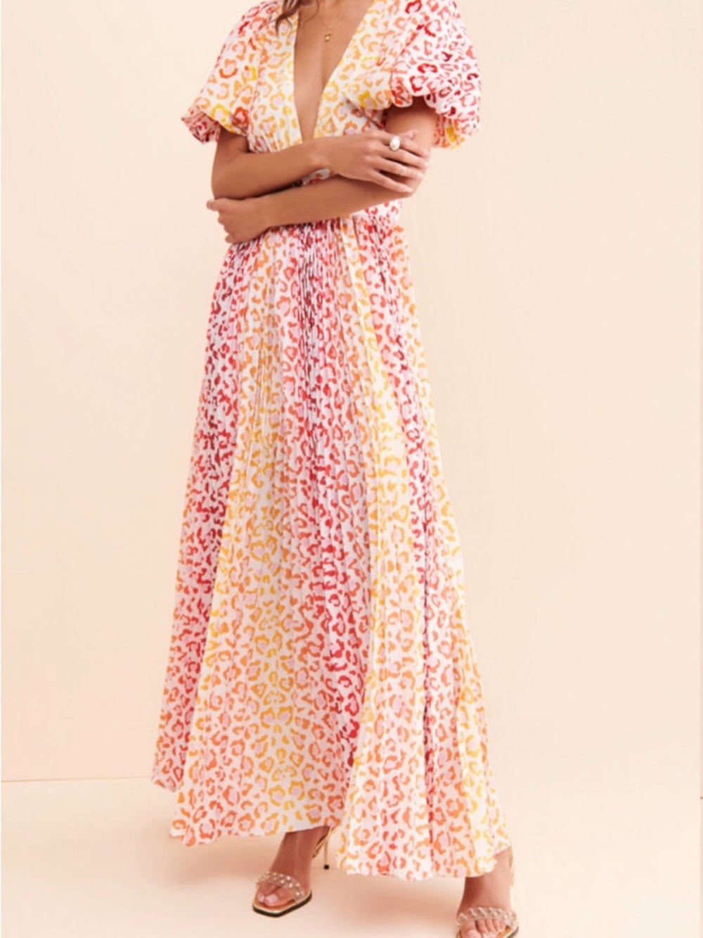 ROCCO SAND Orange Leopard Maxi Dress V-Neck Pink & Yellow Printed Maxi Dress